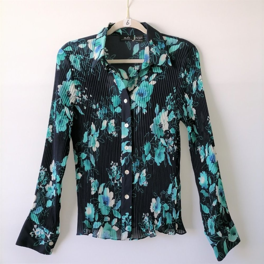 Mds California Womens Blue Long Sleeve Pleated Floral Button Up Shirt Size L